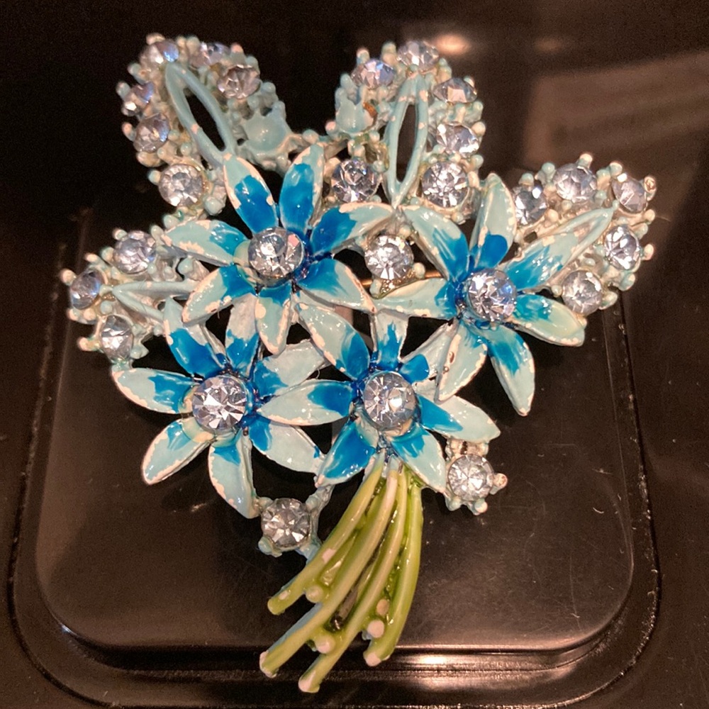 Vintage Enamel Teal Bouquet Broach